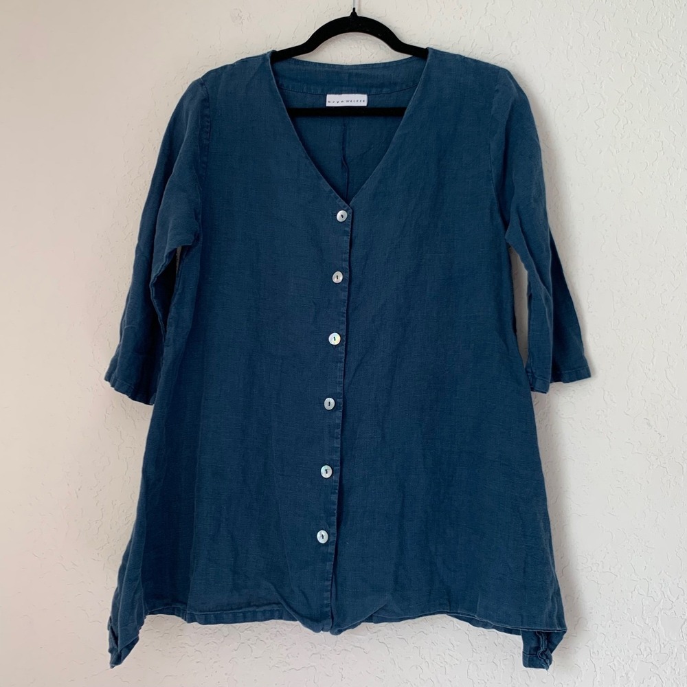 Bryn Walker Linen Tunic Women S Blue Button Front‎ Top Lagenlook Coastal Boho